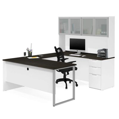 Bestar Pro-Concept Plus U-Shaped Executive Desk with Pedestal and Frosted Glass Doors Hutch, White/Deep Grey