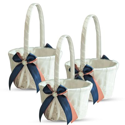 Alex Emotions Ivory Ring Bearer Pillow and Basket Set | Lace Collection | Flower Girl & Welcome Basket for Guest | Handmade Wedding Baskets & Pillows (Navy Rose Gold)