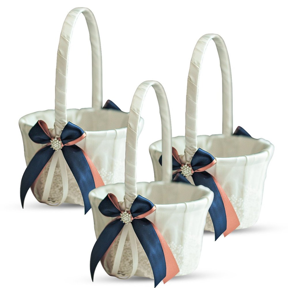 Alex Emotions Ivory Ring Bearer Pillow and Basket Set | Lace Collection | Flower Girl & Welcome Basket for Guest | Handmade Wedding Baskets & Pillows (Navy Rose Gold)