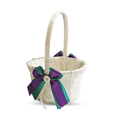 Alex Emotions Ivory Ring Bearer Pillow and Basket Set | Lace Collection | Flower Girl & Welcome Basket for Guest | Handmade Wedding Baskets & Pillows (Teal Purple)