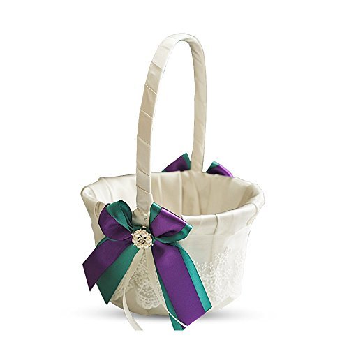 Alex Emotions Ivory Ring Bearer Pillow and Basket Set | Lace Collection | Flower Girl & Welcome Basket for Guest | Handmade Wedding Baskets & Pillows (Teal Purple)