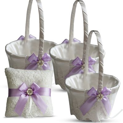 Alex Emotions Ivory Ring Bearer Pillow and Basket Set | Lace Collection | Flower Girl & Welcome Basket for Guest | Handmade Wedding Baskets & Pillows (Violet Lilac Lavender)