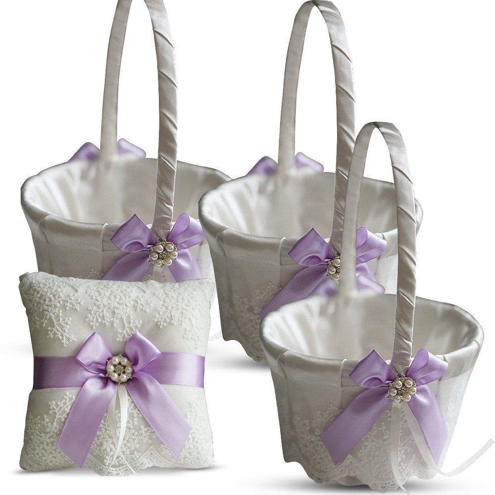 Alex Emotions Ivory Ring Bearer Pillow and Basket Set | Lace Collection | Flower Girl & Welcome Basket for Guest | Handmade Wedding Baskets & Pillows (Violet Lilac Lavender)