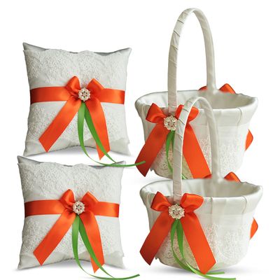 Alex Emotions Ivory Ring Bearer Pillow and Basket Set | Lace Collection | Flower Girl & Welcome Basket for Guest | Handmade Wedding Baskets & Pillows (Orange Lime)