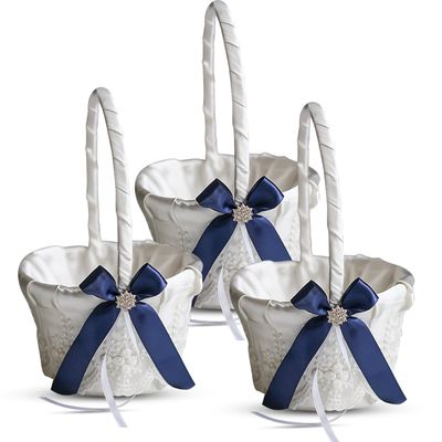 Alex Emotions Ivory Ring Bearer Pillow and Basket Set | Lace Collection | Flower Girl & Welcome Basket for Guest | Handmade Wedding Baskets & Pillows (Navy Blue)