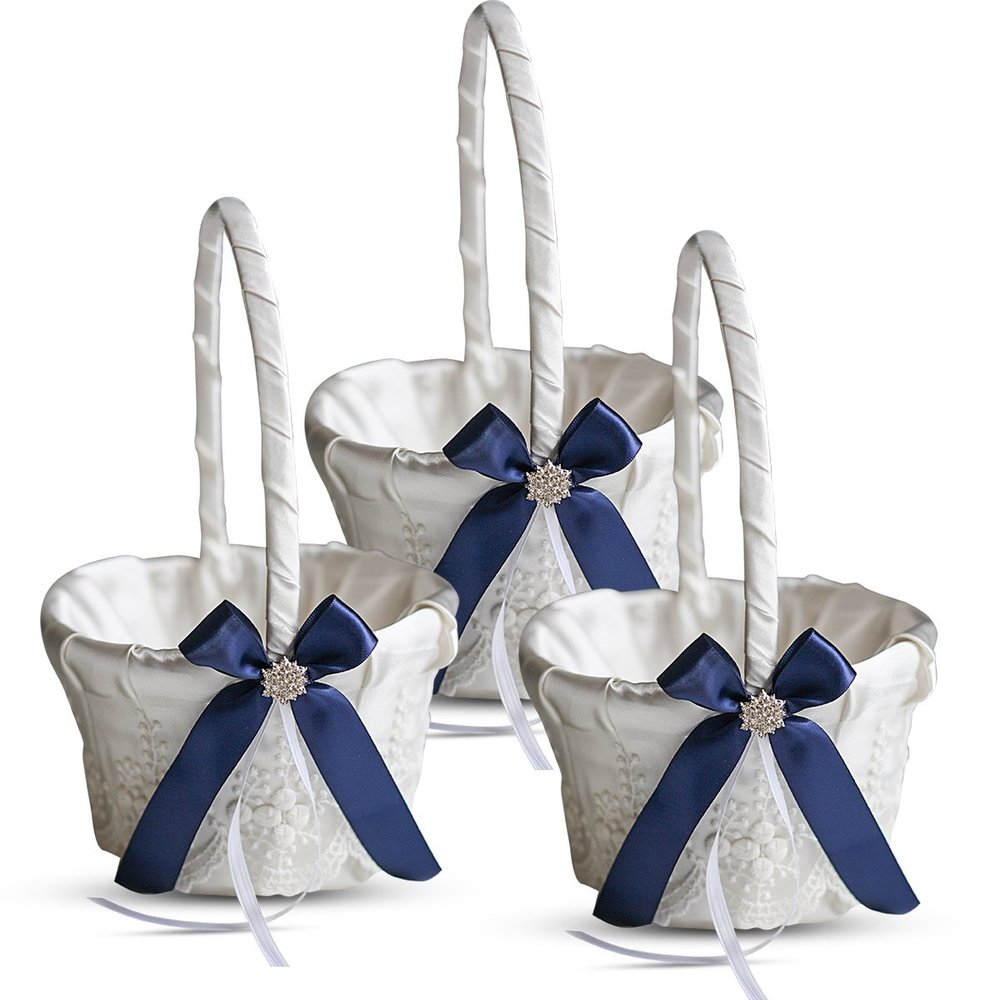 Alex Emotions Ivory Ring Bearer Pillow and Basket Set | Lace Collection | Flower Girl & Welcome Basket for Guest | Handmade Wedding Baskets & Pillows (Navy Blue)