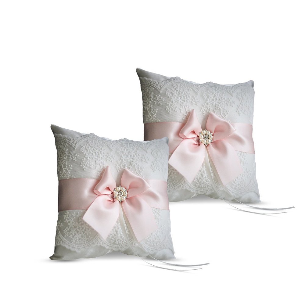 Alex Emotions Ivory Ring Bearer Pillow and Basket Set | Lace Collection | Flower Girl & Welcome Basket for Guest | Handmade Wedding Baskets & Pillows (Blush Pink)