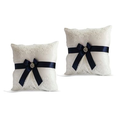 Alex Emotions Ivory Ring Bearer Pillow and Basket Set | Lace Collection | Flower Girl & Welcome Basket for Guest | Handmade Wedding Baskets & Pillows (Navy Blue)