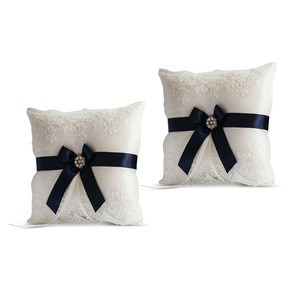 Alex Emotions Ivory Ring Bearer Pillow and Basket Set | Lace Collection | Flower Girl & Welcome Basket for Guest | Handmade Wedding Baskets & Pillows (Navy Blue)