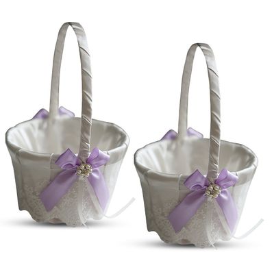 Alex Emotions Ivory Ring Bearer Pillow and Basket Set | Lace Collection | Flower Girl & Welcome Basket for Guest | Handmade Wedding Baskets & Pillows (Violet Lilac Lavender)