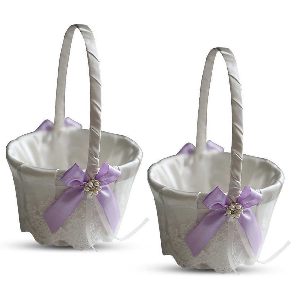 Alex Emotions Ivory Ring Bearer Pillow and Basket Set | Lace Collection | Flower Girl & Welcome Basket for Guest | Handmade Wedding Baskets & Pillows (Violet Lilac Lavender)