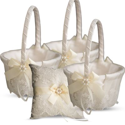 Alex Emotions Ivory Ring Bearer Pillow and Basket Set | Lace Collection | Flower Girl & Welcome Basket for Guest | Handmade Wedding Baskets & Pillows (Ivory)