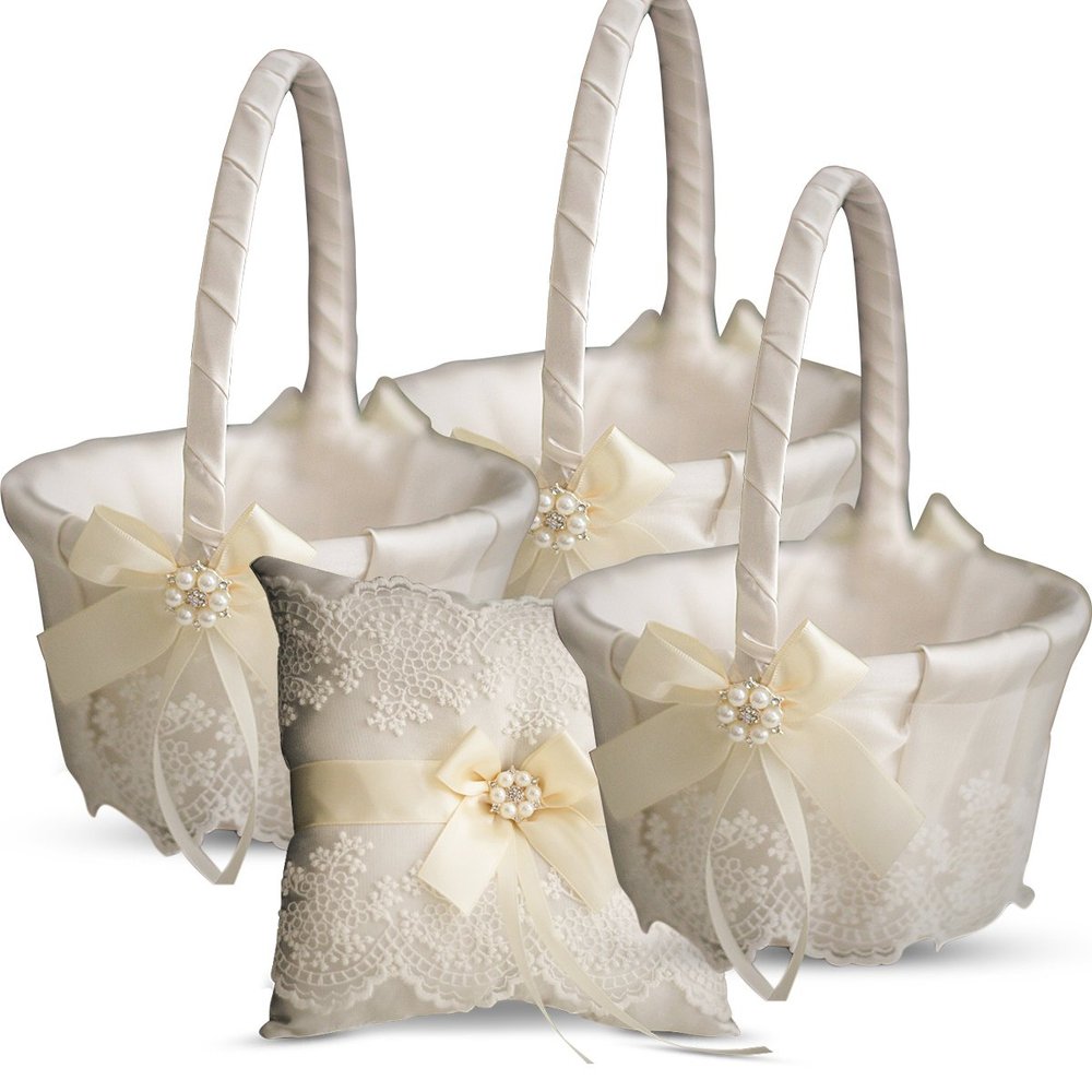Alex Emotions Ivory Ring Bearer Pillow and Basket Set | Lace Collection | Flower Girl & Welcome Basket for Guest | Handmade Wedding Baskets & Pillows (Ivory)