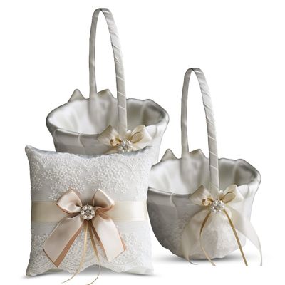 Alex Emotions Ivory Ring Bearer Pillow and Basket Set | Lace Collection | Flower Girl & Welcome Basket for Guest | Handmade Wedding Baskets & Pillows (Champagne)