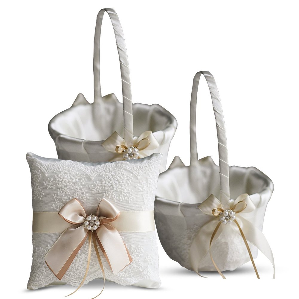 Alex Emotions Ivory Ring Bearer Pillow and Basket Set | Lace Collection | Flower Girl & Welcome Basket for Guest | Handmade Wedding Baskets & Pillows (Champagne)