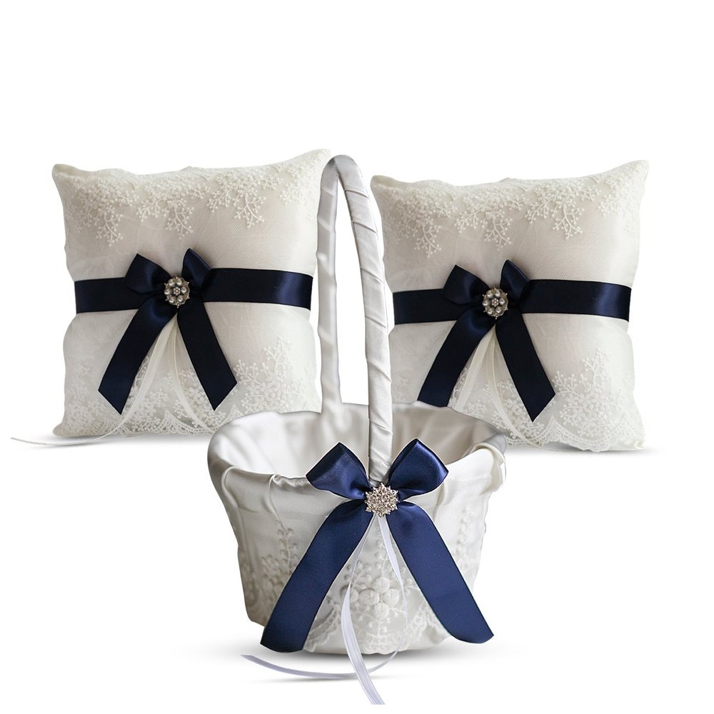 Alex Emotions Ivory Ring Bearer Pillow and Basket Set | Lace Collection | Flower Girl & Welcome Basket for Guest | Handmade Wedding Baskets & Pillows (Navy Blue)
