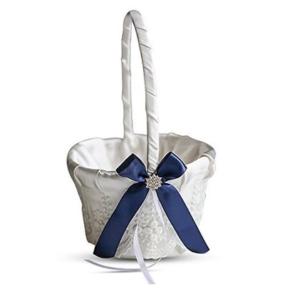 Alex Emotions Ivory Ring Bearer Pillow and Basket Set | Lace Collection | Flower Girl & Welcome Basket for Guest | Handmade Wedding Baskets & Pillows (Navy Blue)