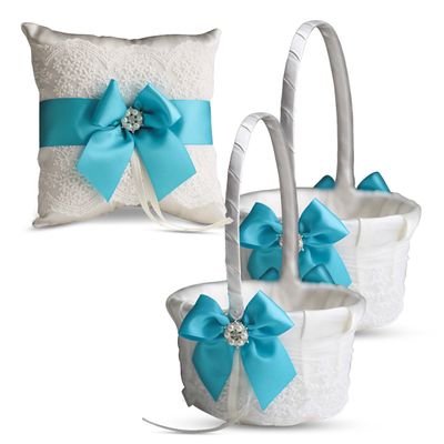 Alex Emotions Ivory Ring Bearer Pillow and Basket Set | Lace Collection | Flower Girl & Welcome Basket for Guest | Handmade Wedding Baskets & Pillows (Turquoise)
