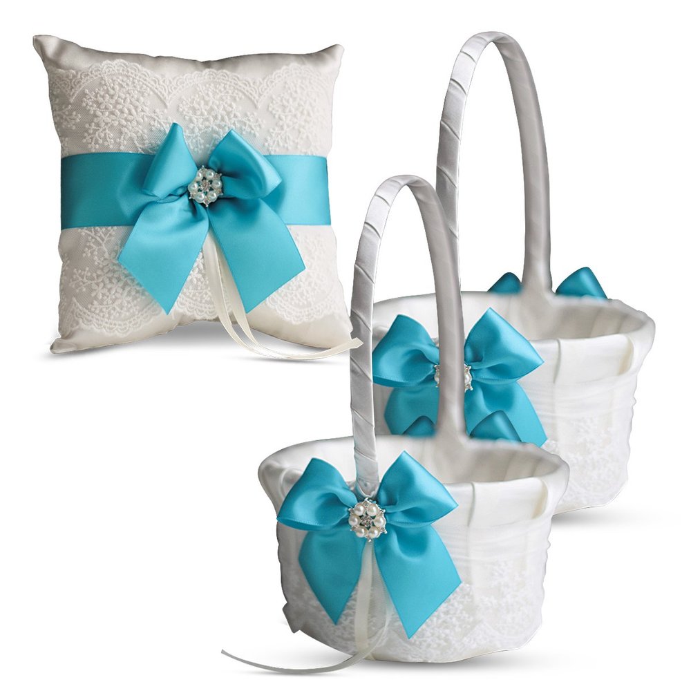 Alex Emotions Ivory Ring Bearer Pillow and Basket Set | Lace Collection | Flower Girl & Welcome Basket for Guest | Handmade Wedding Baskets & Pillows (Turquoise)