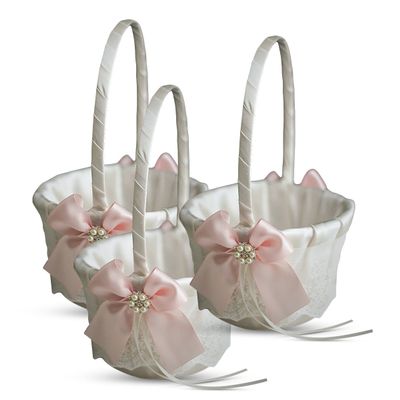 Alex Emotions Ivory Ring Bearer Pillow and Basket Set | Lace Collection | Flower Girl & Welcome Basket for Guest | Handmade Wedding Baskets & Pillows (Blush Pink)