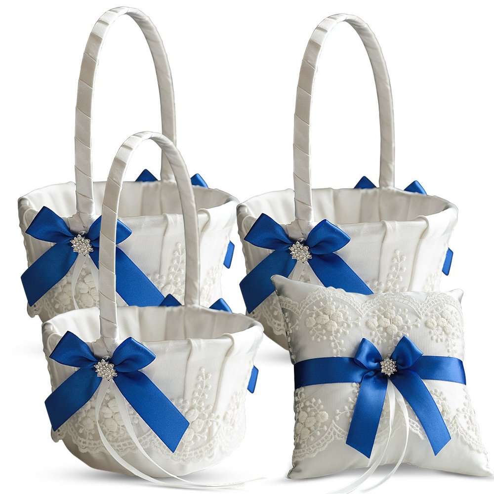 Alex Emotions Ivory Ring Bearer Pillow and Basket Set | Lace Collection | Flower Girl & Welcome Basket for Guest | Handmade Wedding Baskets & Pillows (Royal Blue)