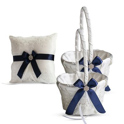 Alex Emotions Ivory Ring Bearer Pillow and Basket Set | Lace Collection | Flower Girl & Welcome Basket for Guest | Handmade Wedding Baskets & Pillows (Navy Blue)