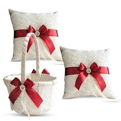 Alex Emotions Ivory Ring Bearer Pillow and Basket Set | Lace Collection | Flower Girl & Welcome Basket for Guest | Handmade Wedding Baskets & Pillows (RED)