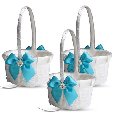 Alex Emotions Ivory Ring Bearer Pillow and Basket Set | Lace Collection | Flower Girl & Welcome Basket for Guest | Handmade Wedding Baskets & Pillows (Turquoise)