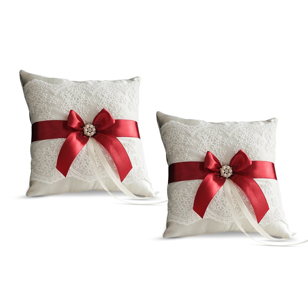 Alex Emotions Ivory Ring Bearer Pillow and Basket Set | Lace Collection | Flower Girl & Welcome Basket for Guest | Handmade Wedding Baskets & Pillows (Scarlet RED)