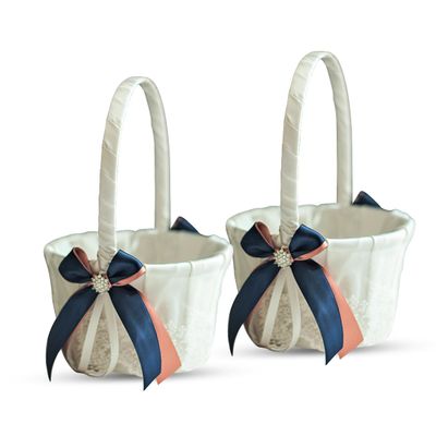 Alex Emotions Ivory Ring Bearer Pillow and Basket Set | Lace Collection | Flower Girl & Welcome Basket for Guest | Handmade Wedding Baskets & Pillows (Navy Rose Gold)