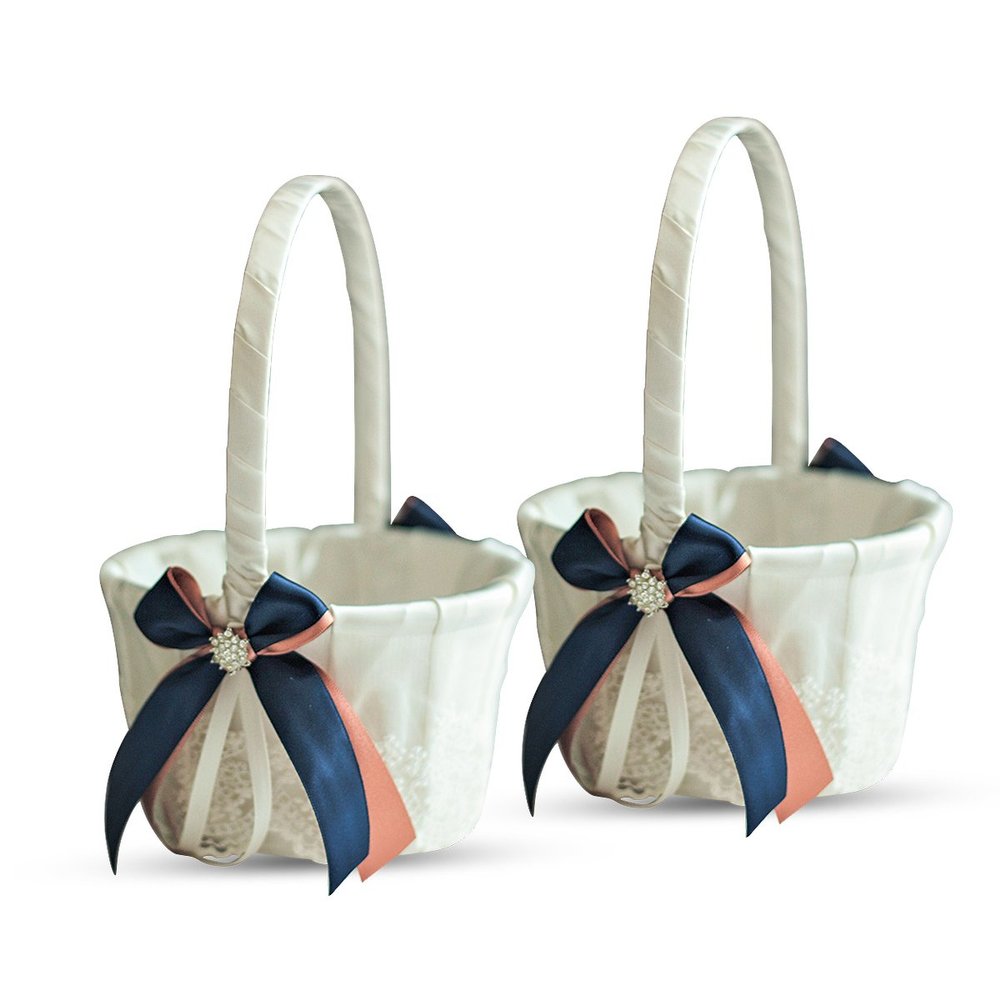 Alex Emotions Ivory Ring Bearer Pillow and Basket Set | Lace Collection | Flower Girl & Welcome Basket for Guest | Handmade Wedding Baskets & Pillows (Navy Rose Gold)