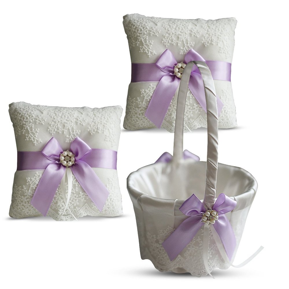 Alex Emotions Ivory Ring Bearer Pillow and Basket Set | Lace Collection | Flower Girl & Welcome Basket for Guest | Handmade Wedding Baskets & Pillows (Violet Lilac Lavender)