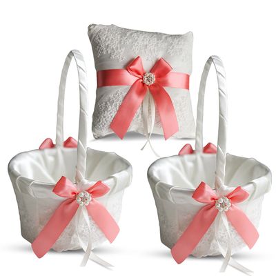Alex Emotions Ivory Ring Bearer Pillow and Basket Set | Lace Collection | Flower Girl & Welcome Basket for Guest | Handmade Wedding Baskets & Pillows (Coral)