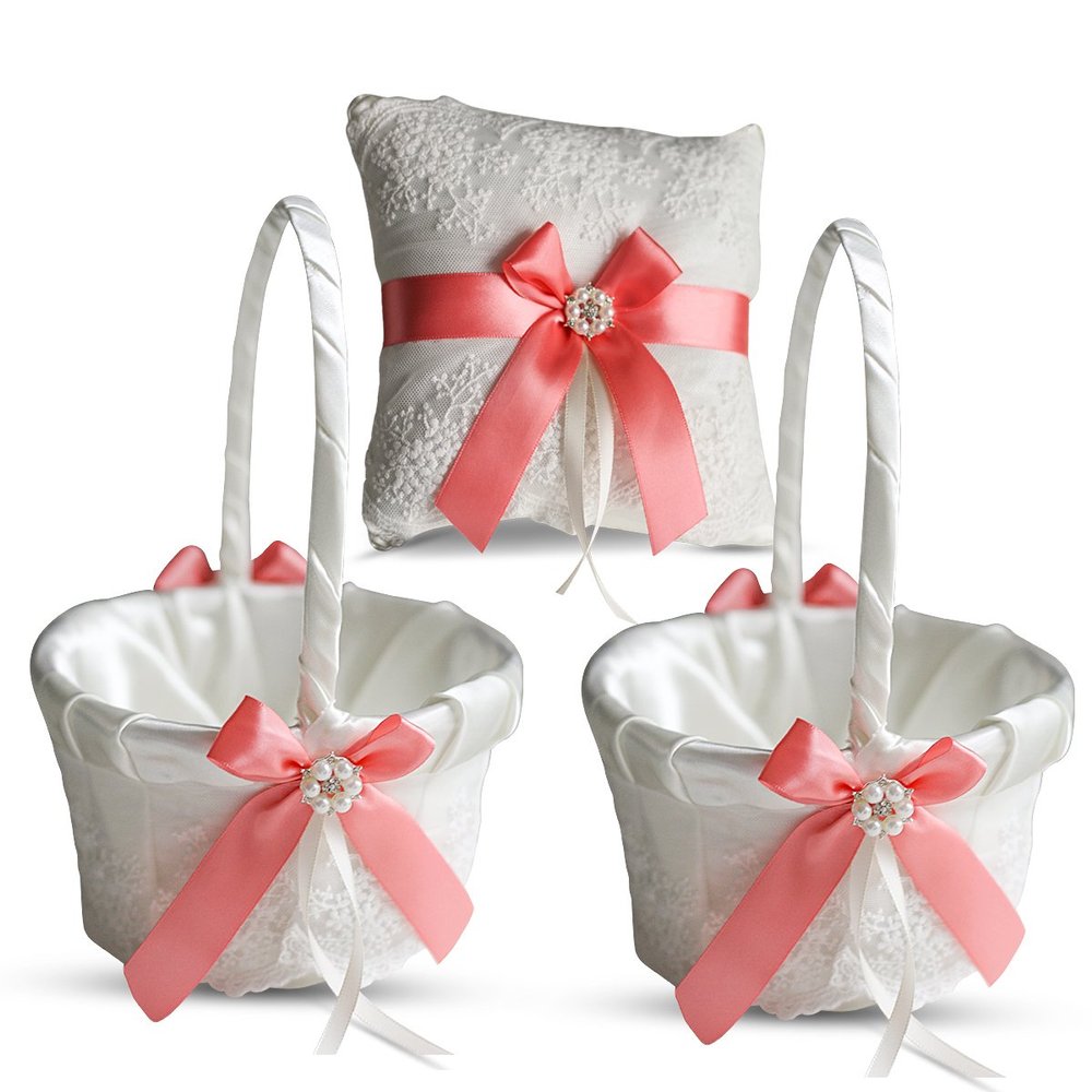 Alex Emotions Ivory Ring Bearer Pillow and Basket Set | Lace Collection | Flower Girl & Welcome Basket for Guest | Handmade Wedding Baskets & Pillows (Coral)