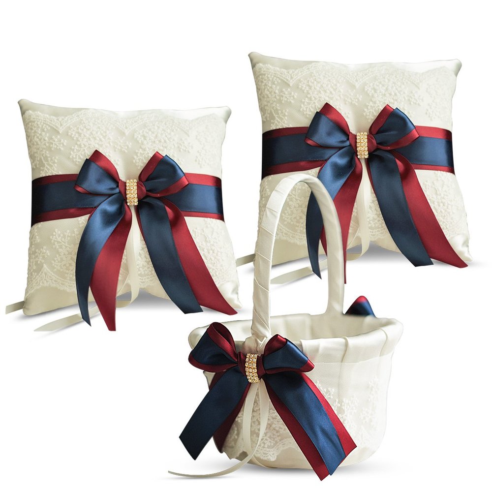 Alex Emotions Ivory Ring Bearer Pillow and Basket Set | Lace Collection | Flower Girl & Welcome Basket for Guest | Handmade Wedding Baskets & Pillows (Burgundy Navy Blue)