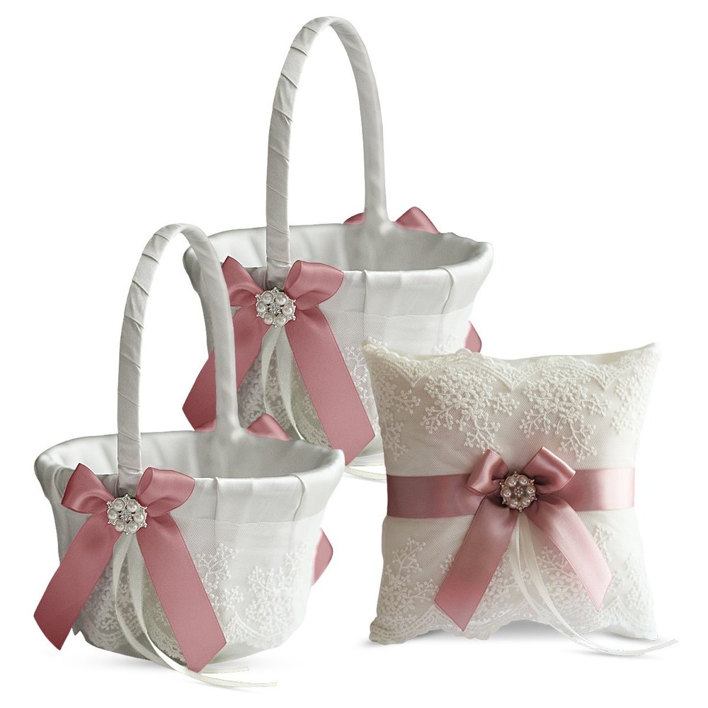 Alex Emotions Ivory Ring Bearer Pillow and Basket Set | Lace Collection | Flower Girl & Welcome Basket for Guest | Handmade Wedding Baskets & Pillows (Mauve)
