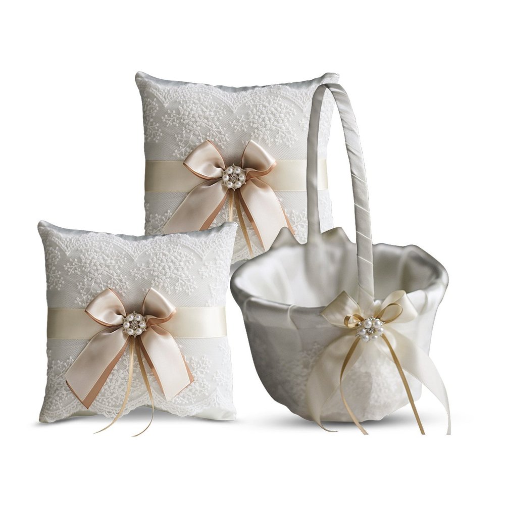Alex Emotions Ivory Ring Bearer Pillow and Basket Set | Lace Collection | Flower Girl & Welcome Basket for Guest | Handmade Wedding Baskets & Pillows (Champagne)