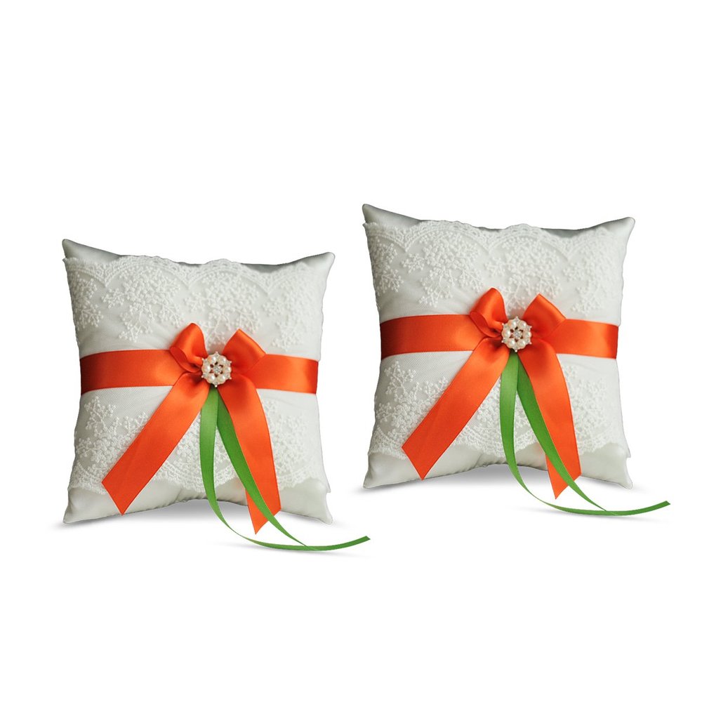 Alex Emotions Ivory Ring Bearer Pillow and Basket Set | Lace Collection | Flower Girl & Welcome Basket for Guest | Handmade Wedding Baskets & Pillows (Orange Lime)