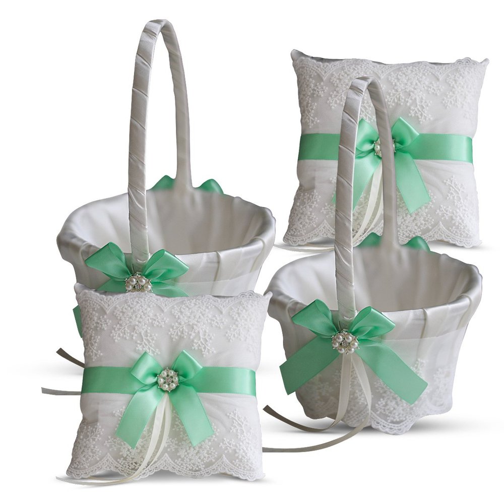 Alex Emotions Ivory Ring Bearer Pillow and Basket Set | Lace Collection | Flower Girl & Welcome Basket for Guest | Handmade Wedding Baskets & Pillows (Apple Green)