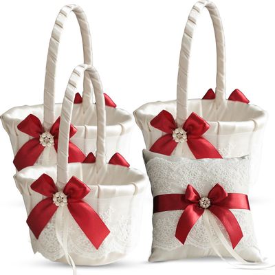 Alex Emotions Ivory Ring Bearer Pillow and Basket Set | Lace Collection | Flower Girl & Welcome Basket for Guest | Handmade Wedding Baskets & Pillows (Scarlet RED)