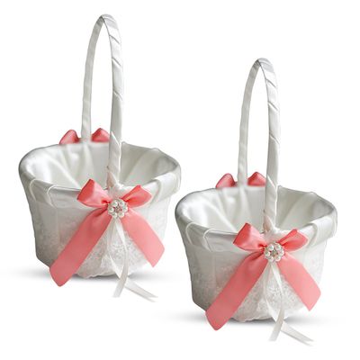 Alex Emotions Ivory Ring Bearer Pillow and Basket Set | Lace Collection | Flower Girl & Welcome Basket for Guest | Handmade Wedding Baskets & Pillows (Coral)
