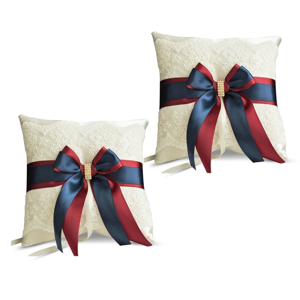 Alex Emotions Ivory Ring Bearer Pillow and Basket Set | Lace Collection | Flower Girl & Welcome Basket for Guest | Handmade Wedding Baskets & Pillows (Burgundy Navy Blue)
