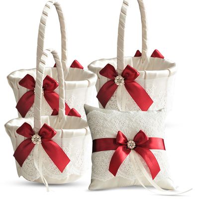 Alex Emotions Ivory Ring Bearer Pillow and Basket Set | Lace Collection | Flower Girl & Welcome Basket for Guest | Handmade Wedding Baskets & Pillows (RED)