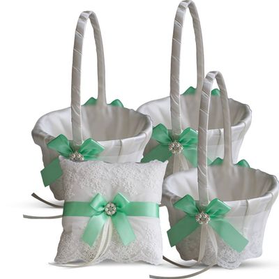 Alex Emotions Ivory Ring Bearer Pillow and Basket Set | Lace Collection | Flower Girl & Welcome Basket for Guest | Handmade Wedding Baskets & Pillows (Apple Green)