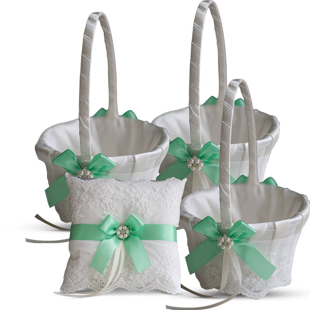 Alex Emotions Ivory Ring Bearer Pillow and Basket Set | Lace Collection | Flower Girl & Welcome Basket for Guest | Handmade Wedding Baskets & Pillows (Apple Green)