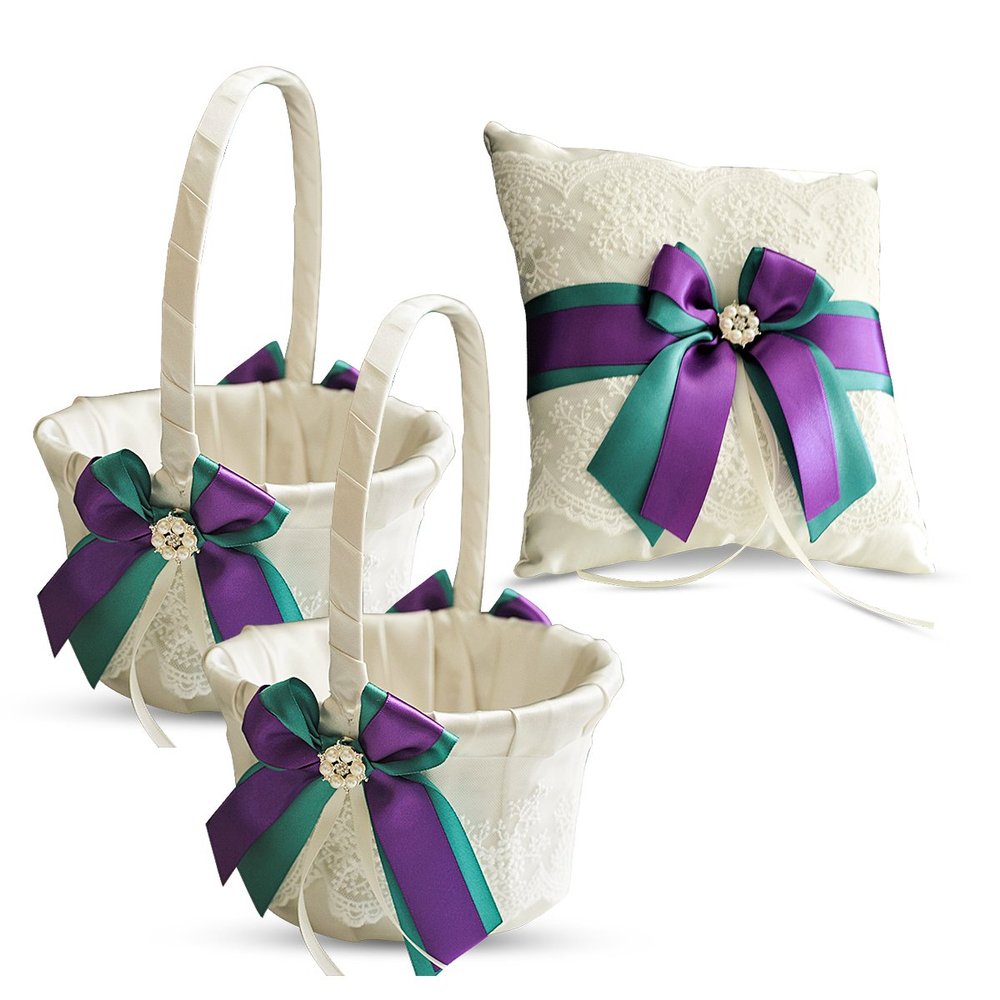 Alex Emotions Ivory Ring Bearer Pillow and Basket Set | Lace Collection | Flower Girl & Welcome Basket for Guest | Handmade Wedding Baskets & Pillows (Teal Purple)