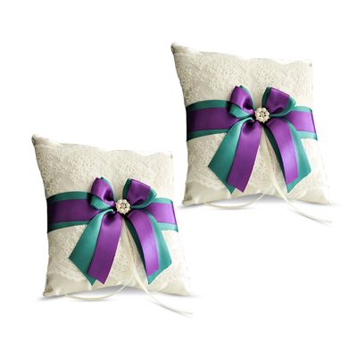 Alex Emotions Ivory Ring Bearer Pillow and Basket Set | Lace Collection | Flower Girl & Welcome Basket for Guest | Handmade Wedding Baskets & Pillows (Teal Purple)