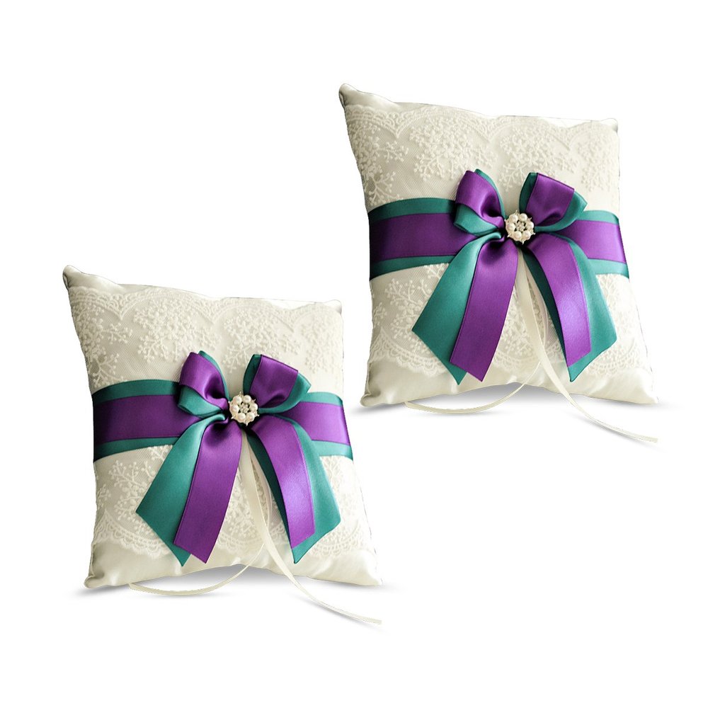 Alex Emotions Ivory Ring Bearer Pillow and Basket Set | Lace Collection | Flower Girl & Welcome Basket for Guest | Handmade Wedding Baskets & Pillows (Teal Purple)
