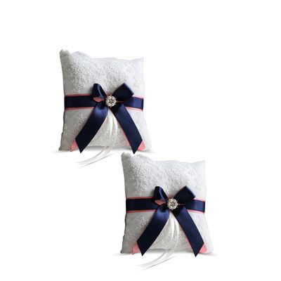 Alex Emotions Ivory Ring Bearer Pillow and Basket Set | Lace Collection | Flower Girl & Welcome Basket for Guest | Handmade Wedding Baskets & Pillows (Coral Navy Blue)