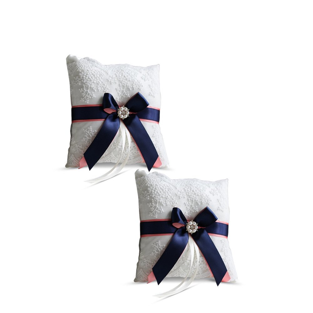 Alex Emotions Ivory Ring Bearer Pillow and Basket Set | Lace Collection | Flower Girl & Welcome Basket for Guest | Handmade Wedding Baskets & Pillows (Coral Navy Blue)